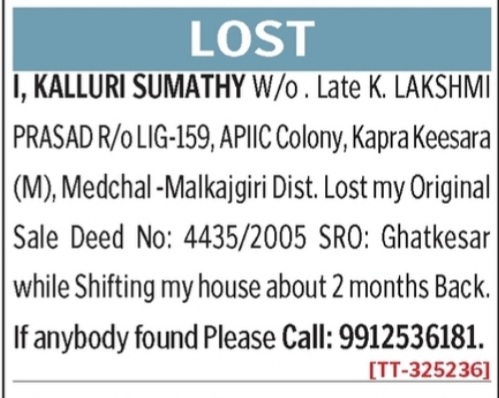 LOST OF SALE DEED