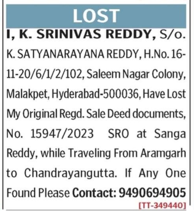 LOST OF SALE DEED