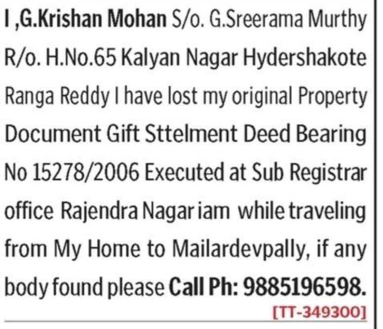 Lost of settlement deed