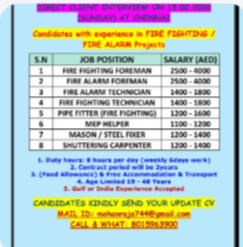 REQUIREMENTS FOR UAE – AJMAN – DIRECT CLIENT INTERVIEW ON 15.02.2026 (SUNDAY) AT CHENNAI