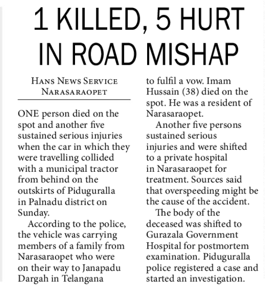 1 KILLED, IN ROAD 5 HURT MISHAP