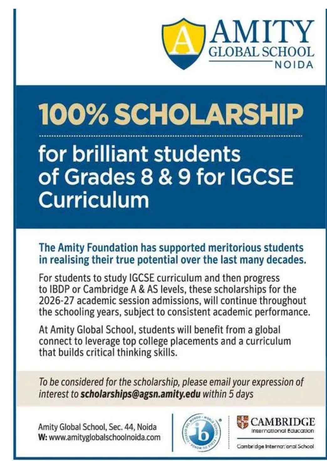 🎓 100% Scholarship Opportunity at Amity Global School Noida!