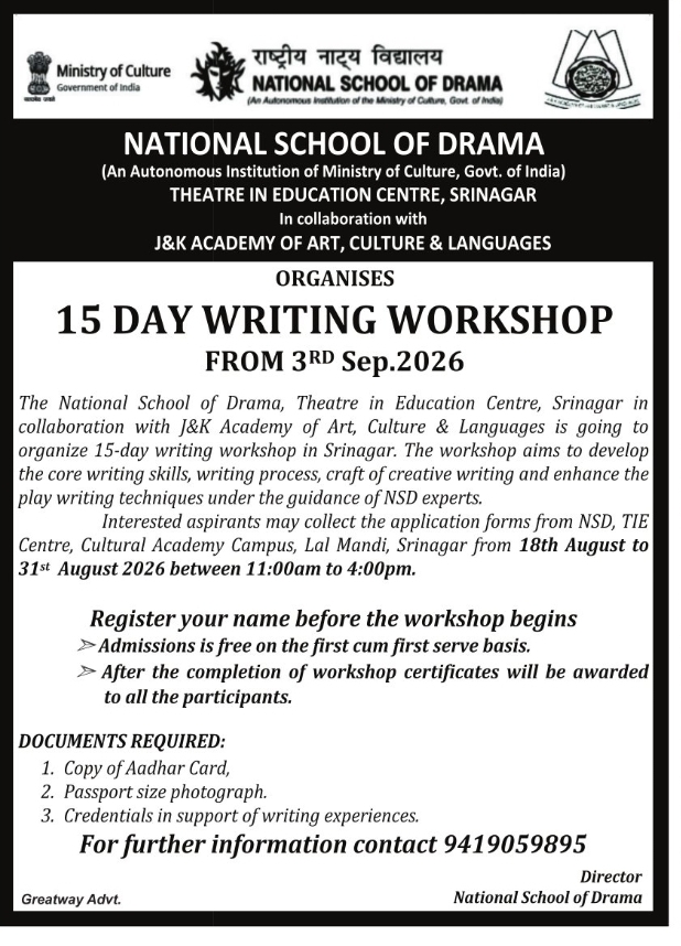 15-Day Writing Workshop – National School of Drama, Srinagar