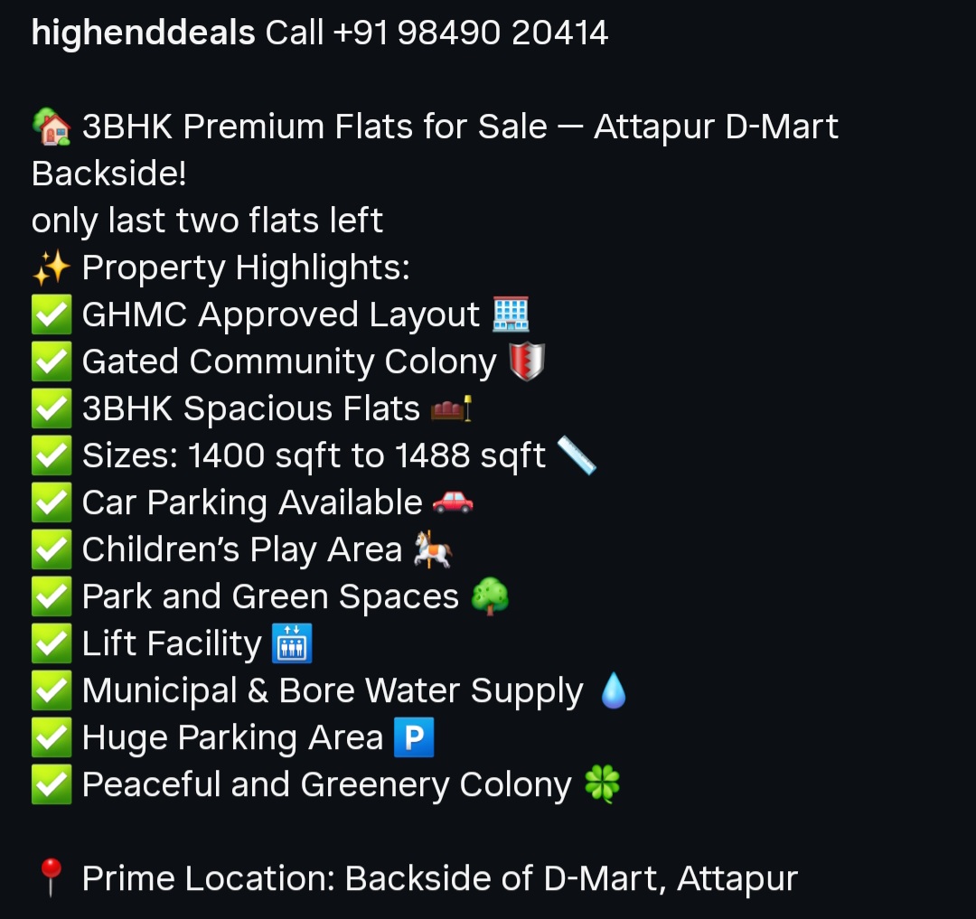3 BHK Premium Flats for Sale – Attapur (D-Mart Backside)