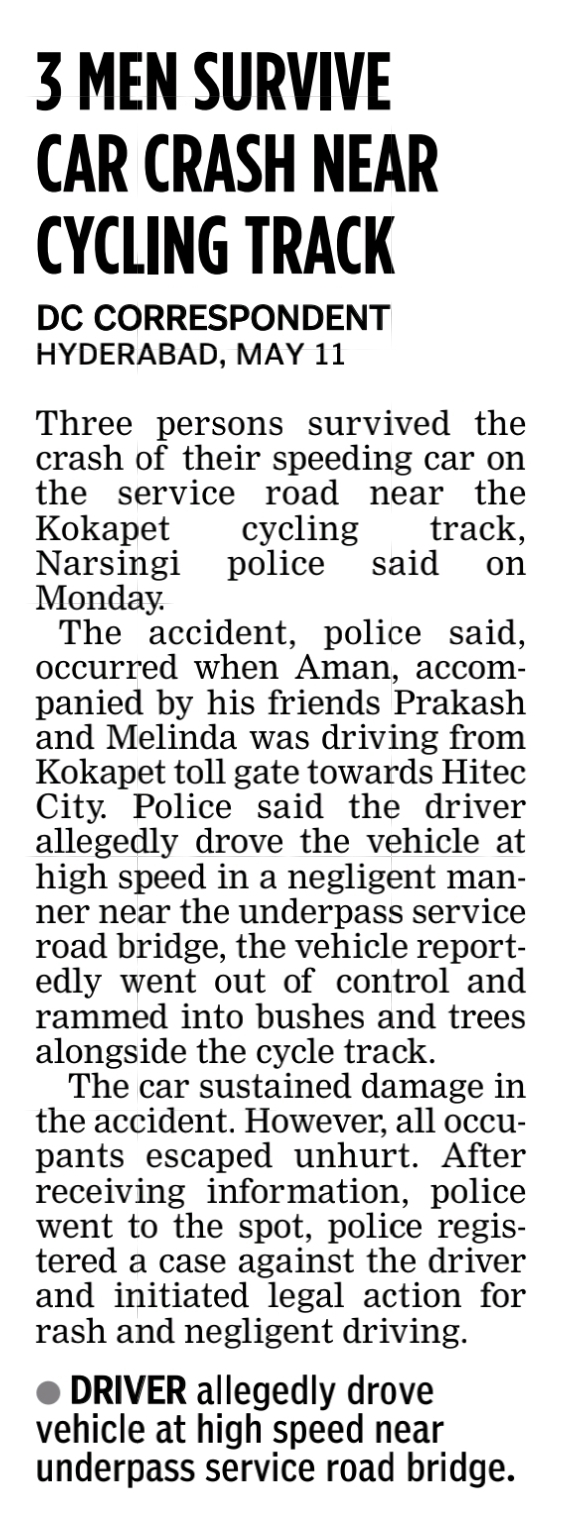 3 MEN SURVIVE CAR CRASH NEAR CYCLING TRACK