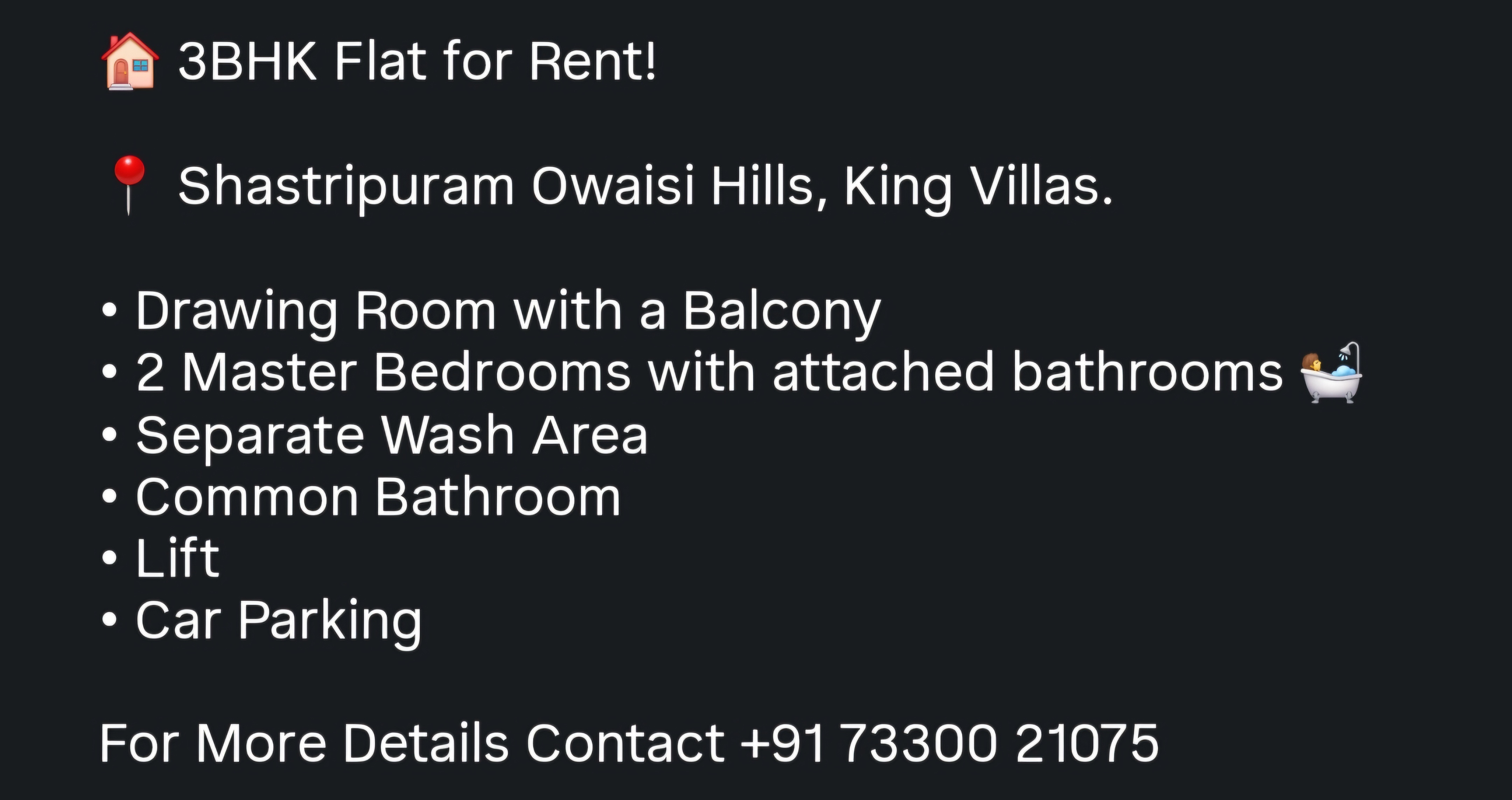 🏠 3BHK Flat for Rent – Shastripuram Owaisi Hills, King Villas