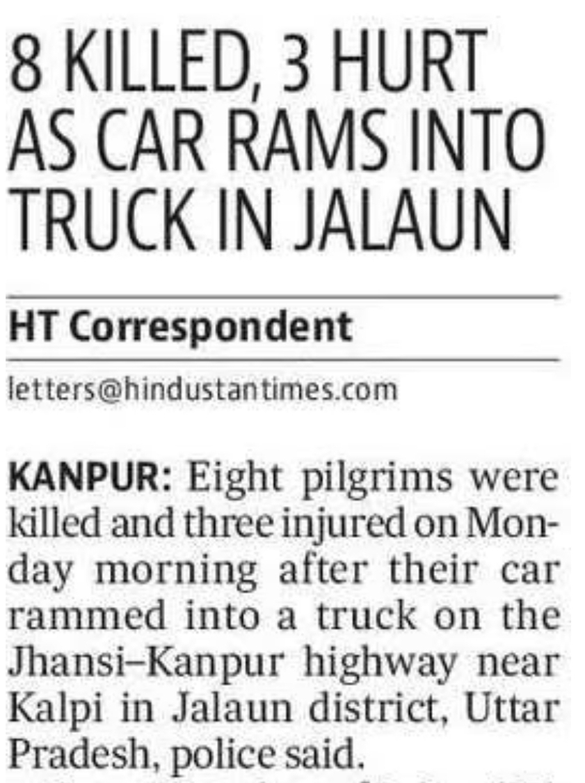 8 KILLED, 3 HURT AS CAR RAMS INTO TRUCK IN JALAUN