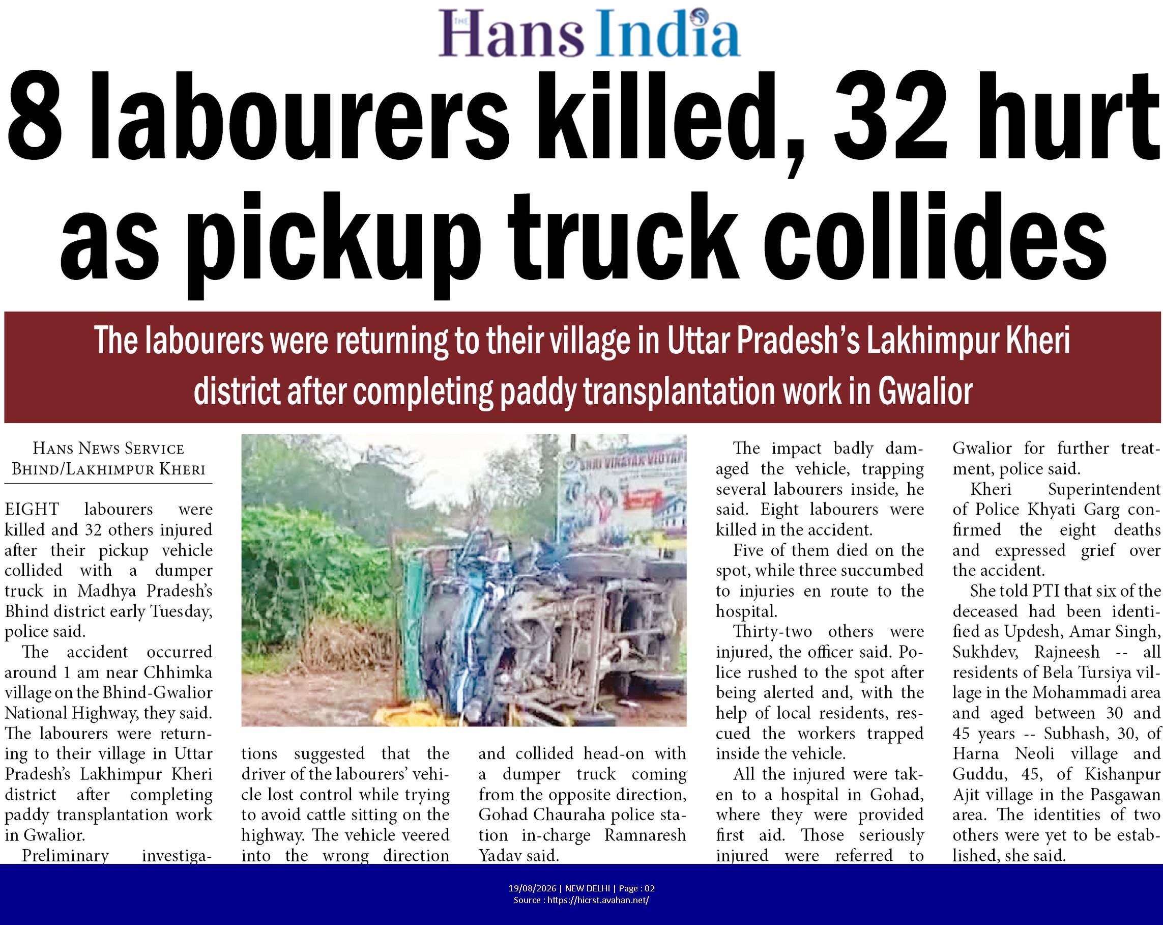 8 labourers killed, 32 hurt as pickup truck collides