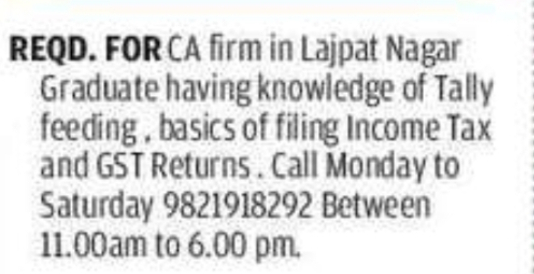 Accounts & Tax Executive – Lajpat Nagar, Delhi
