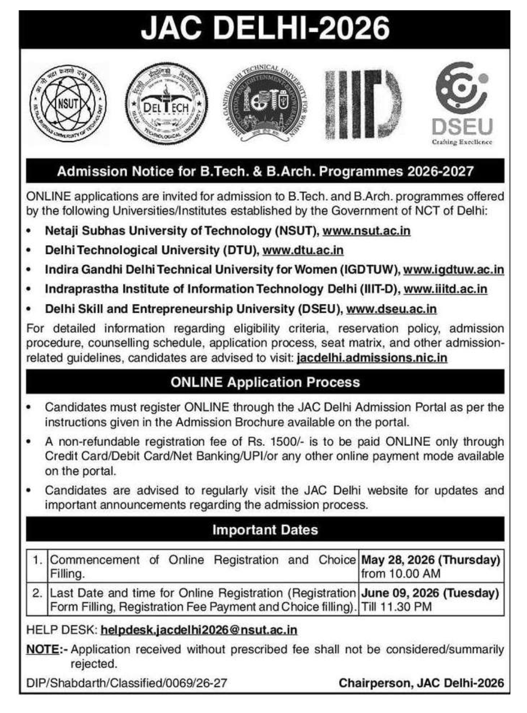 Admission Notice – B.Tech & B.Arch Programmes (2026–27)