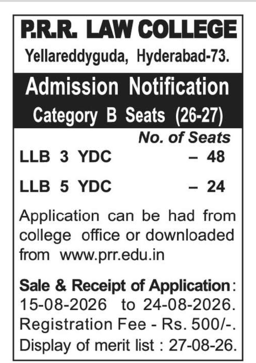 Admission Notification for Category-B Seats – P.R.R. Law College, Hyderabad