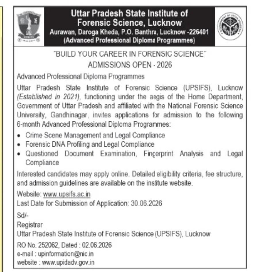 Admissions Open 2026 – Advanced Professional Diploma Programmes in Forensic Science
