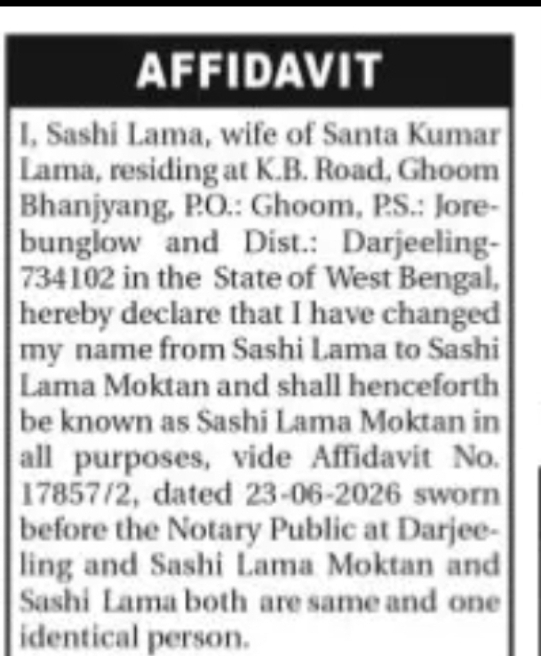 AFFIDAVIT – NAME CHANGE DECLARATION (SASHI LAMA MOKTAN)