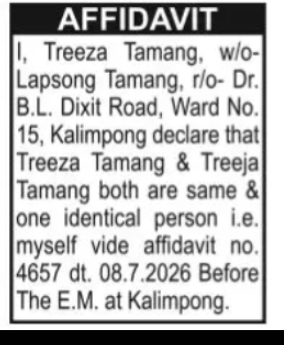 Affidavit – Name Clarification Notice (Treeza Tamang)
