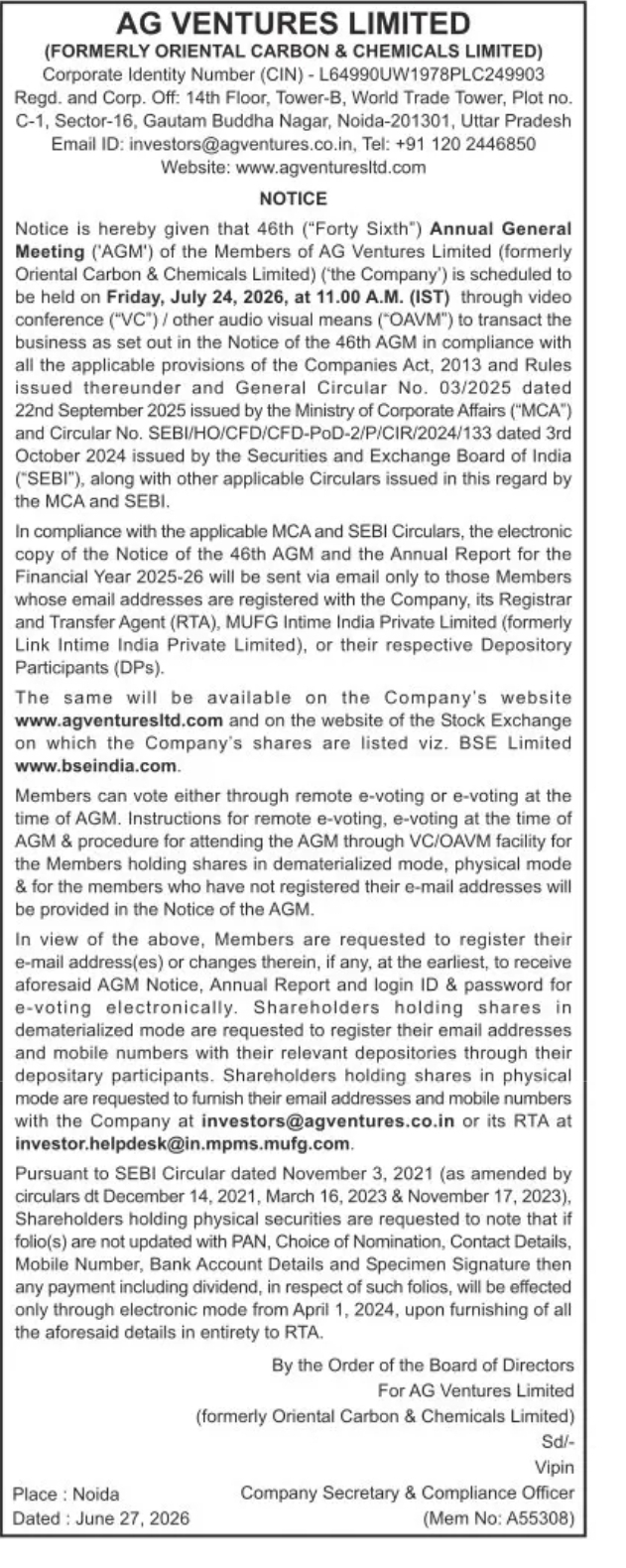 AG Ventures Limited (Formerly Oriental Carbon & Chemicals Limited) – 46th Annual General Meeting Notice
