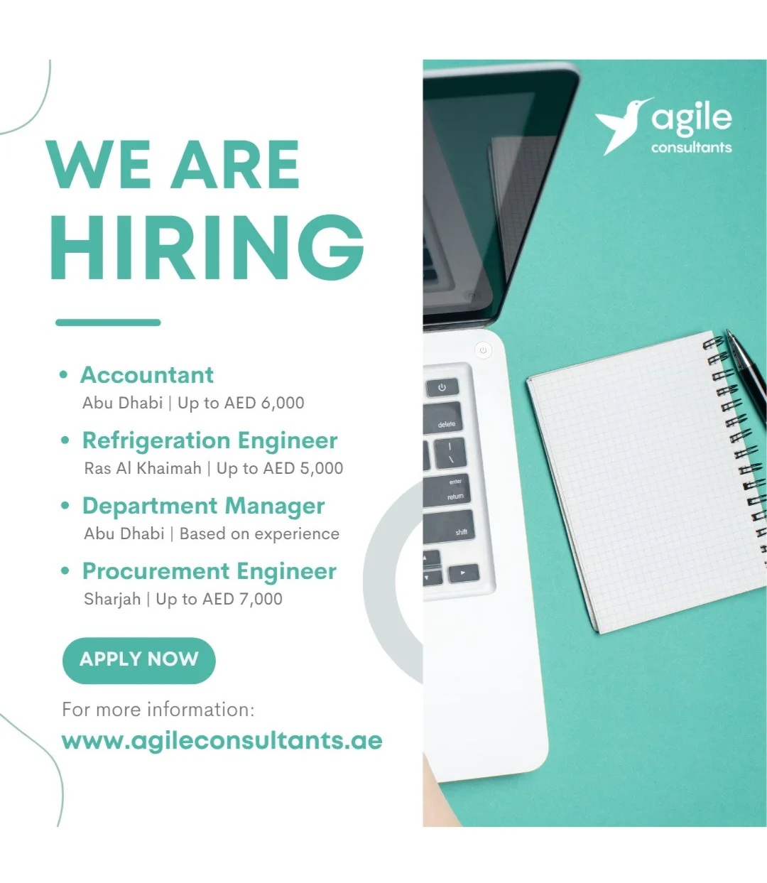 Agile Consultants is hiring for multiple positions across the UAE.