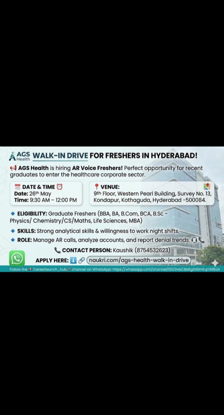 AGS HEALTH WALK-IN DRIVE FOR FRESHERS – HYDERABAD