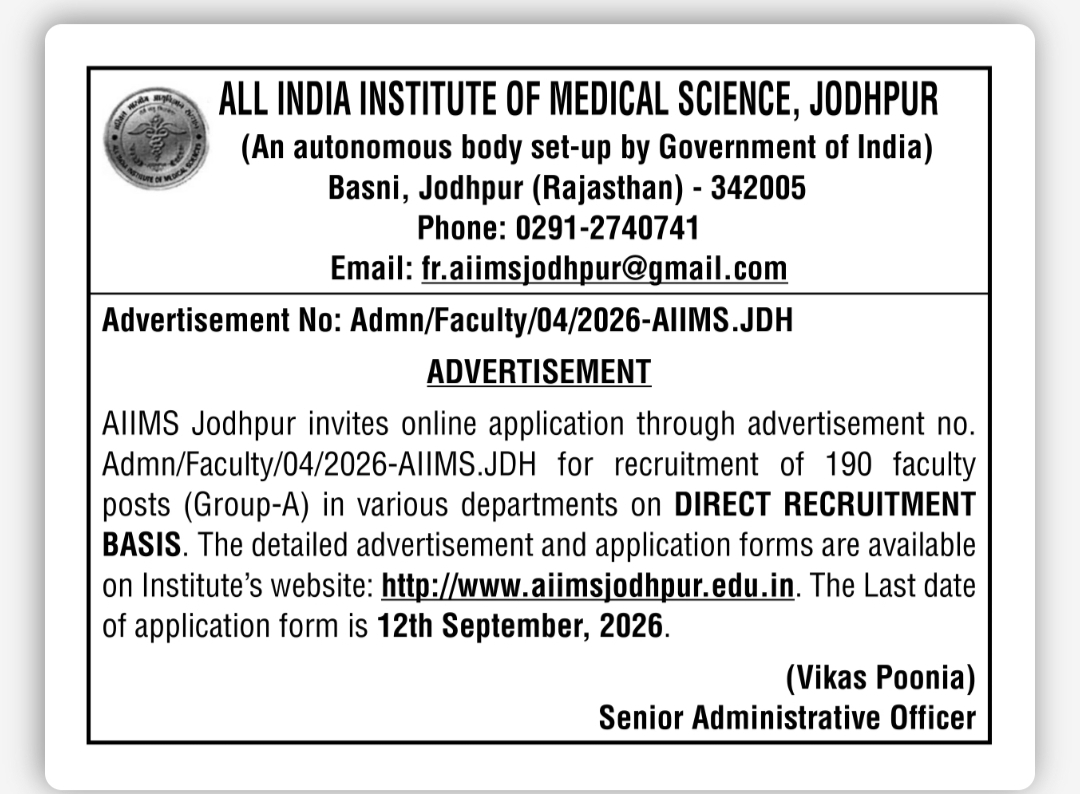 AIIMS Jodhpur Recruitment 2026 – 190 Faculty Posts