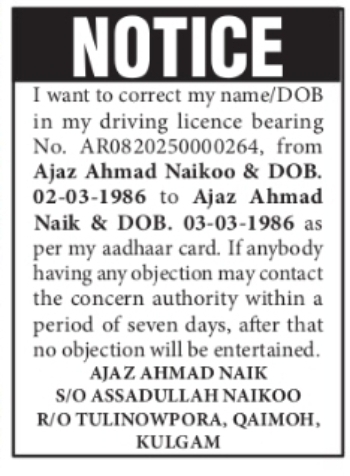 Ajaz Ahmad Naik – Driving Licence Correction Notice