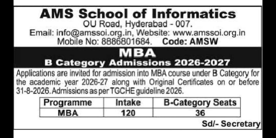 AMS SCHOOL OF INFORMATICS – MBA B CATEGORY ADMISSIONS 2026-27