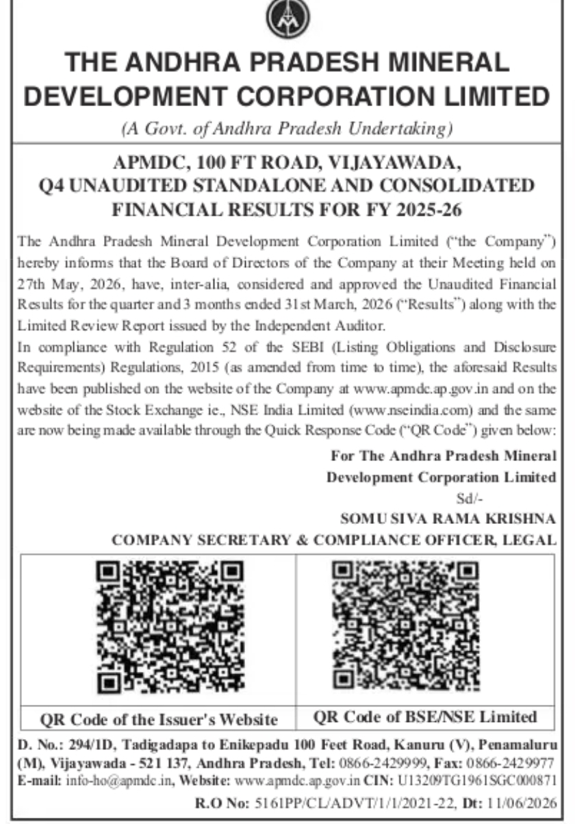 Andhra Pradesh Mineral Development Corporation Limited – Q4 FY 2025–26 Unaudited Financial Results Disclosure (SEBI Compliance Notice)