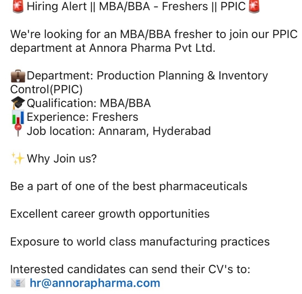 Annora Pharma – MBA/BBA Freshers (Hyderabad)
