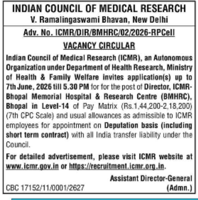 Applications Invited for Director Post at BMHRC Bhopal