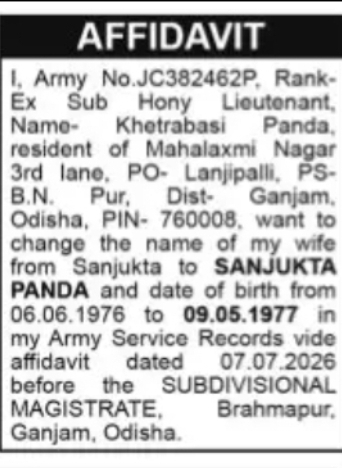Army Service Record Correction Notice Lieutenant Khotrabasi Panda