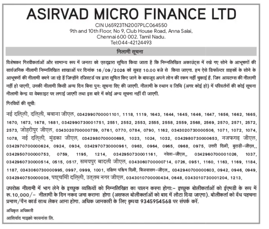 Asirvad Micro Finance Limited – Gold Jewellery Public Auction Notice