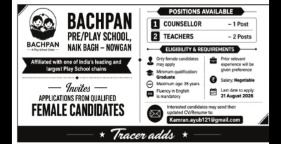 Bachpan Play School – Female Staff Vacancies