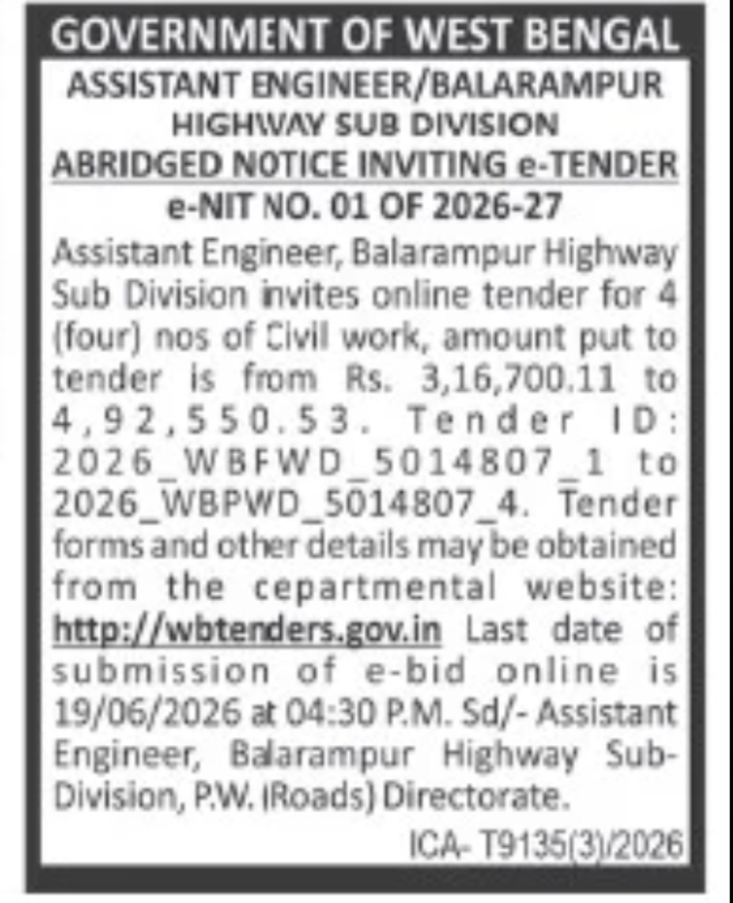 Balarampur Highway Sub Division e-Tender Notice