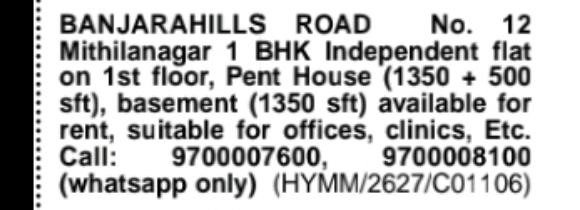 BANJARA HILLS – Office / Clinic Spaces for Rent