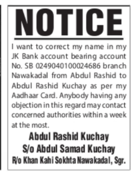 BANK ACCOUNT NAME CORRECTION – ABDUL RASHID KUCHAY