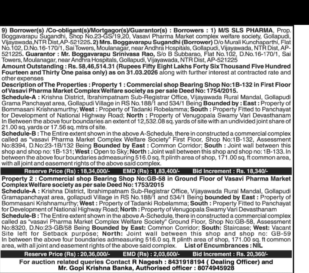 BANK AUCTION SALE – COMMERCIAL SHOPS, GOLLAPUDI, VIJAYAWADA (NTR DIST., AP)