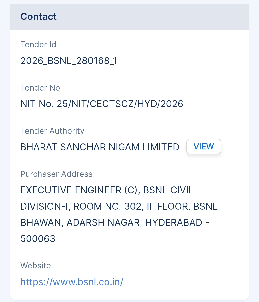 Bharat Sanchar Nigam Limited - BSNL Tender - Telangana Tender