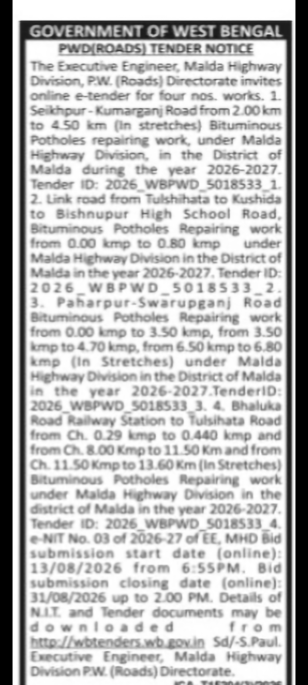 Bituminous Pothole Repairing Works – Malda Highway Division Tender