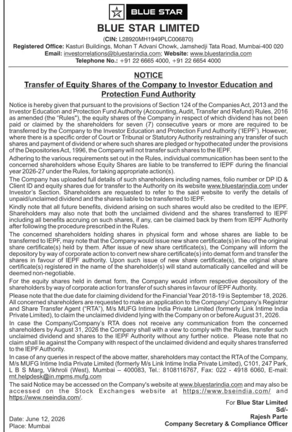 Blue Star Limited – Notice of Transfer of Equity Shares to IEPF Authority (2026–27)