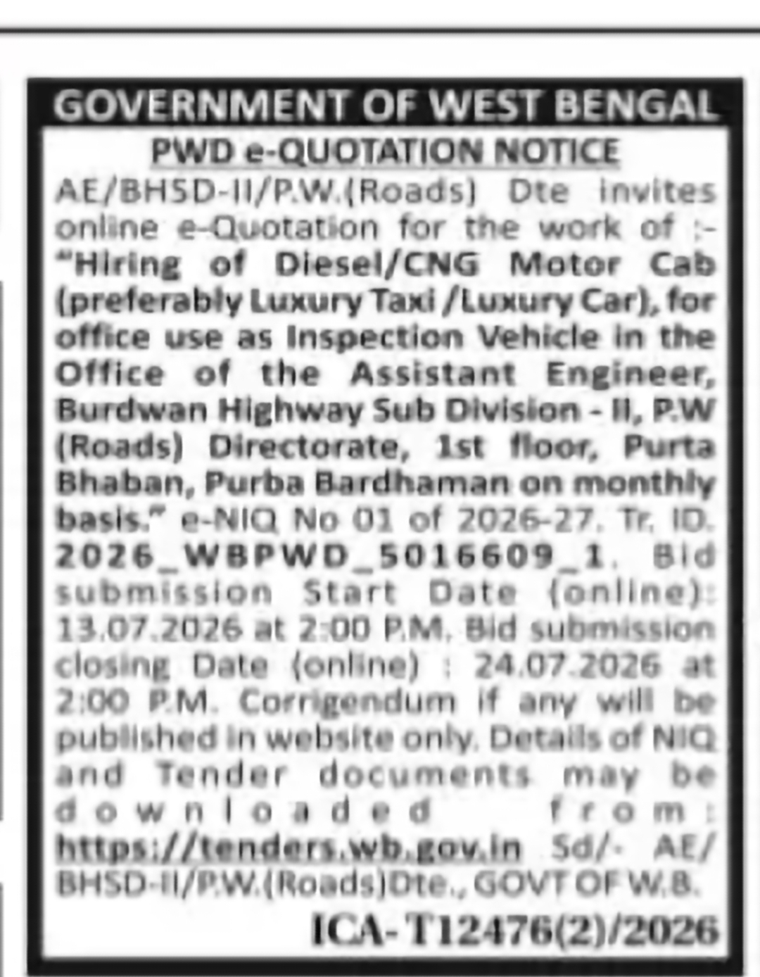 Burdwan Highway Sub Division Vehicle Hiring e-Quotation