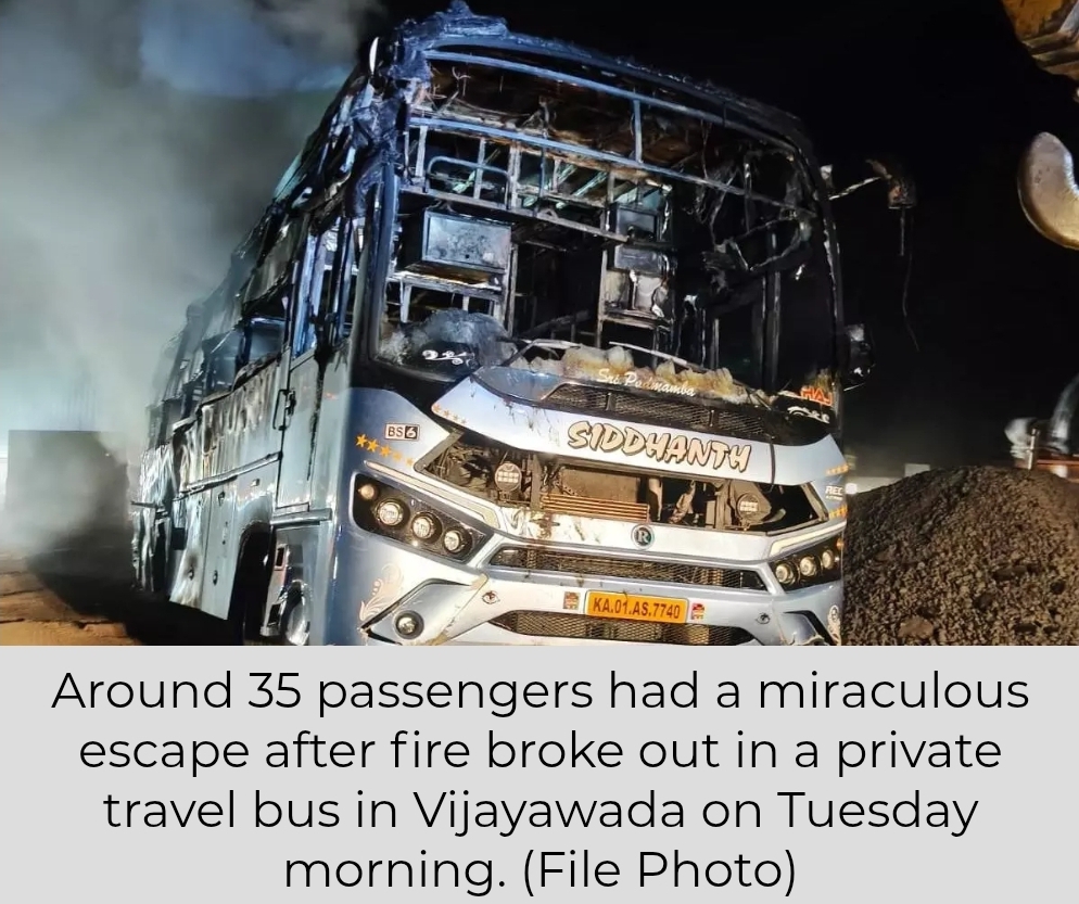 Bus Catches Fire in Vijayawada; Passengers safe