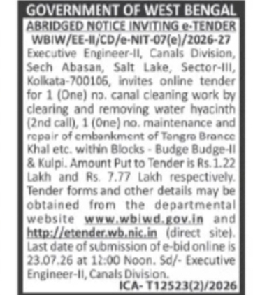 Canals Division, I&WD – Canal Cleaning & Embankment Repair Tender