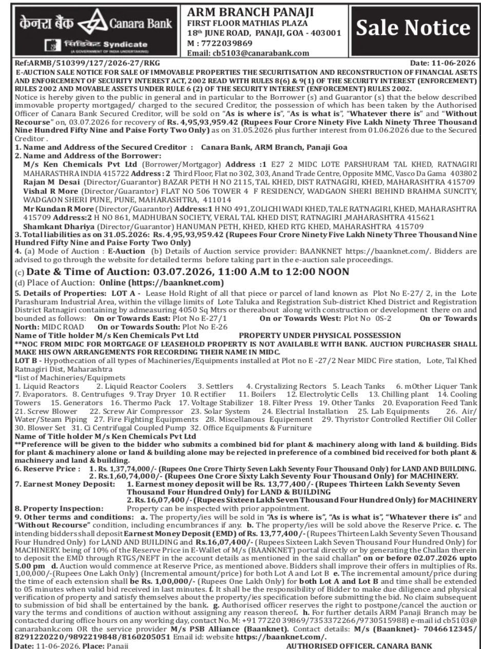 Canara Bank E-Auction Sale Notice – Ken Chemicals Pvt Ltd Property
