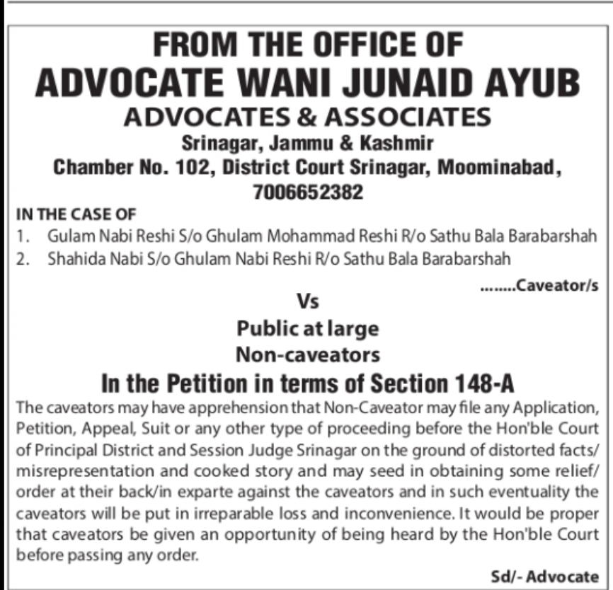 Caveat Petition Under Section 148-A