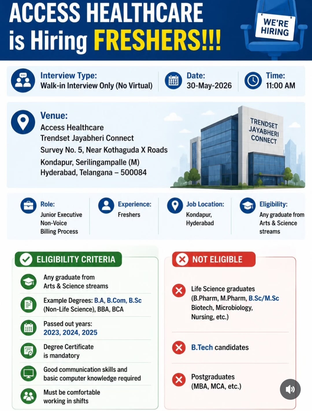 CCESS Healthcare is hiring freshers for the role of Junior Executive – Non-Voice Billing Process in Hyderabad.