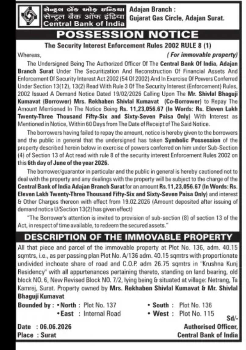 Central Bank of India Issues SARFAESI Possession Notice for Property at Krushna Kunj Residency, Netrang, Surat Due to Loan Default