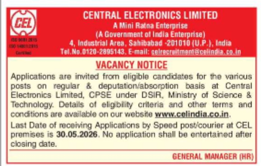 🔷 Central Electronics Limited – Vacancy Notice