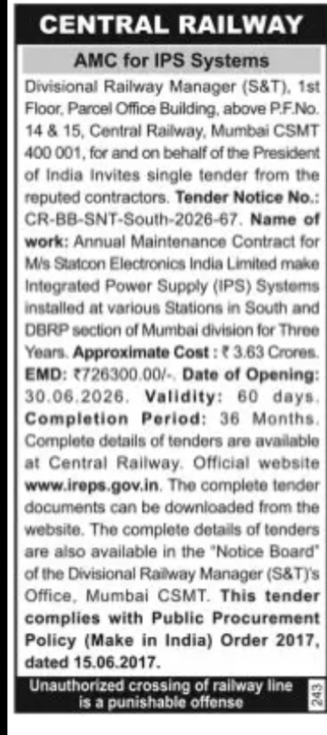 Central Railway – AMC for IPS Systems (Mumbai Division)