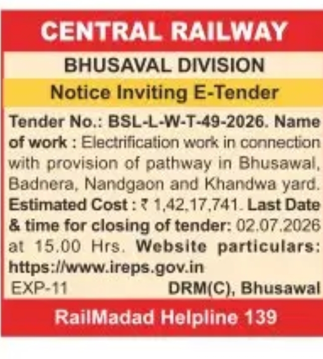 Central Railway Bhusaval Division – Notice Inviting E-Tender for Electrification Works