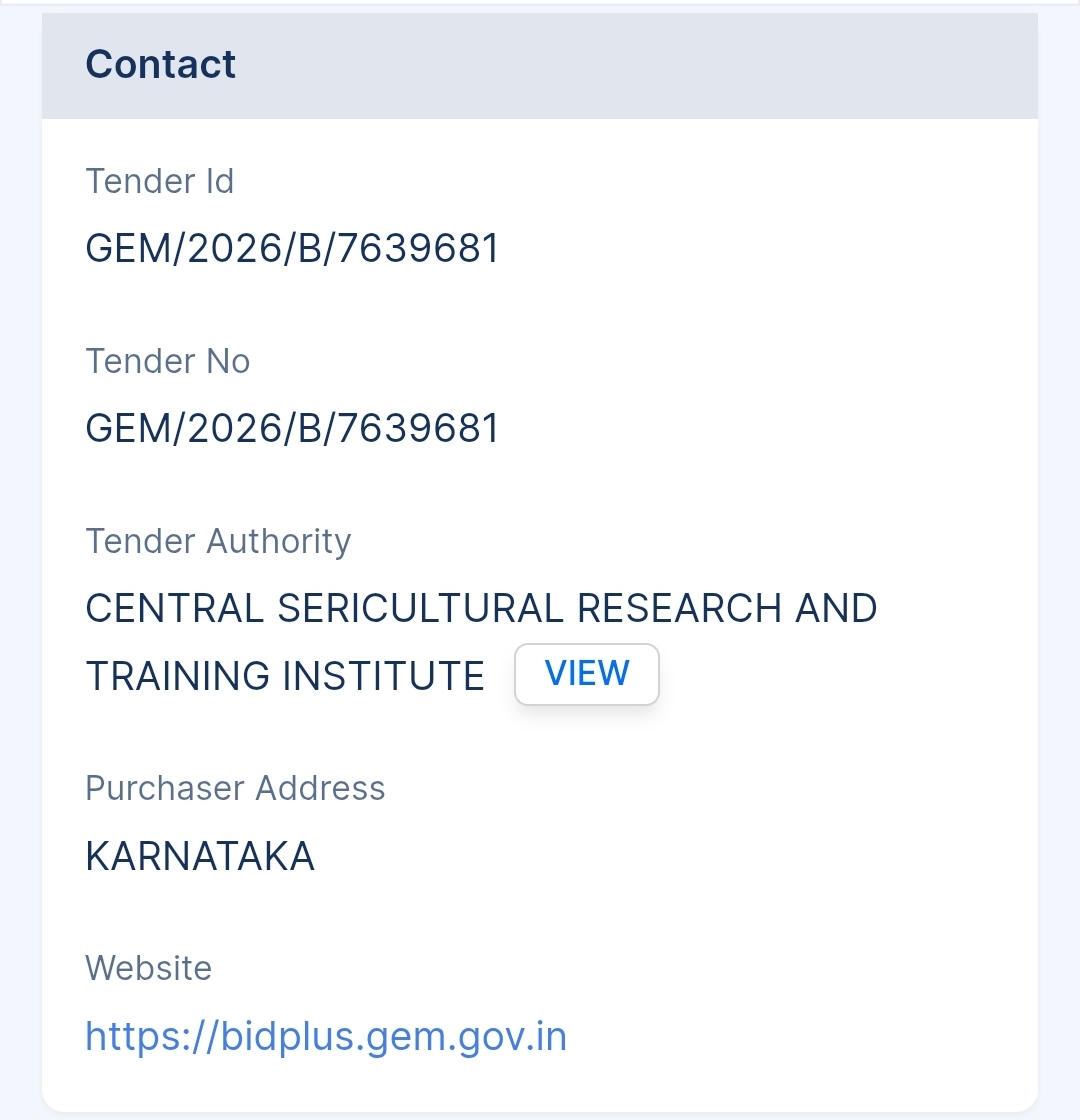 Central Sericultural Research And Training Institute Tender - Karnataka Tender
