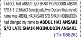 Change of Name — Abdul Hai Ansari