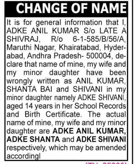Change of Name – ADKE ANIL KUMAR, ADKE SHANTA and ADKE SHIVANI